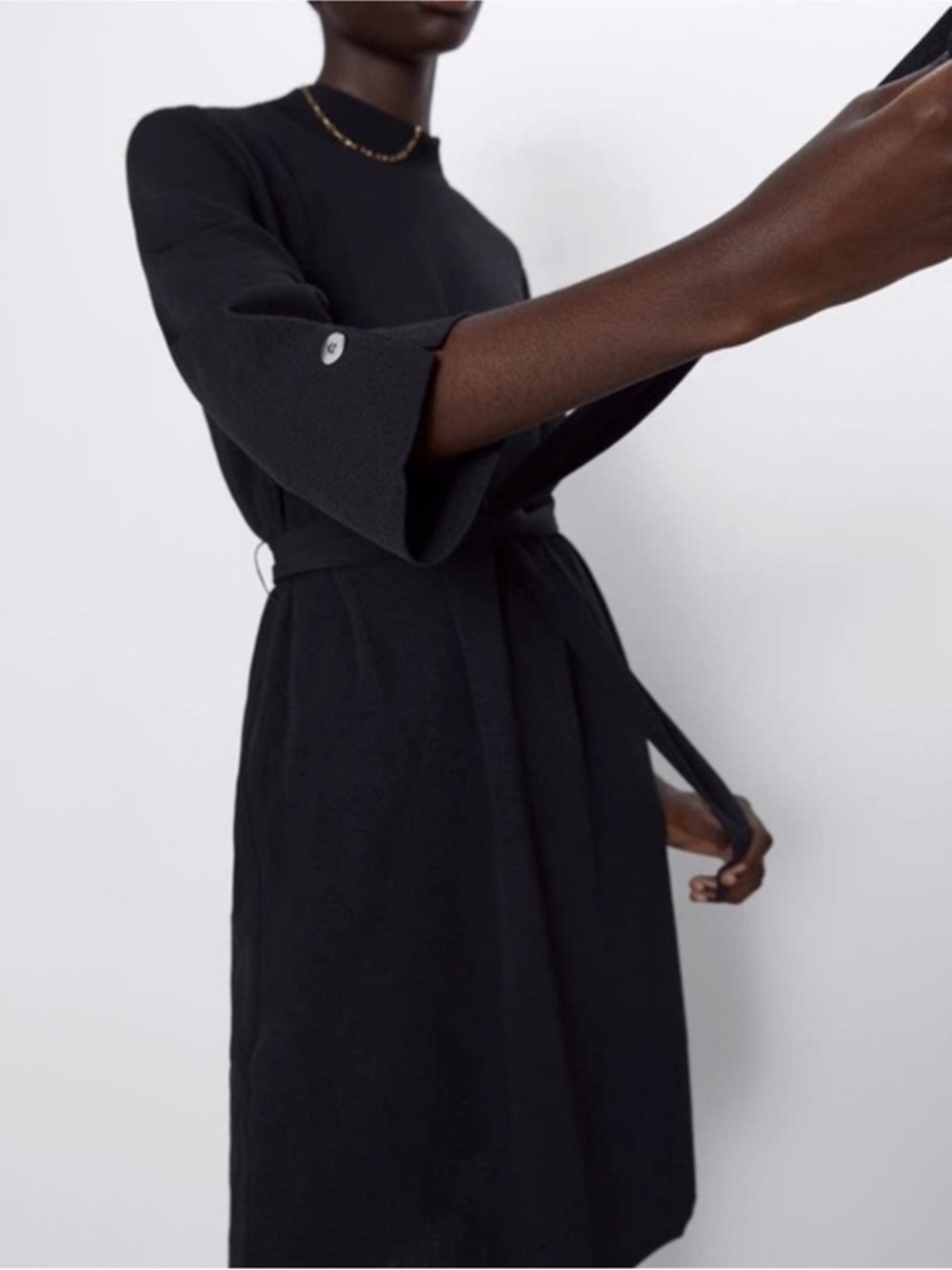 Zara Black Belted Mini Dress with High Neck